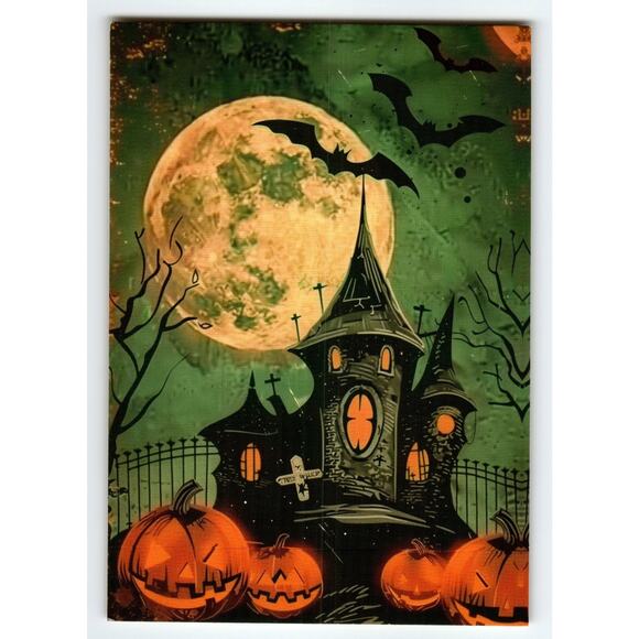 Vintage Halloween Haunted House & Jack-o'-Lanterns Photochrome Postcard - Picture 1 of 2
